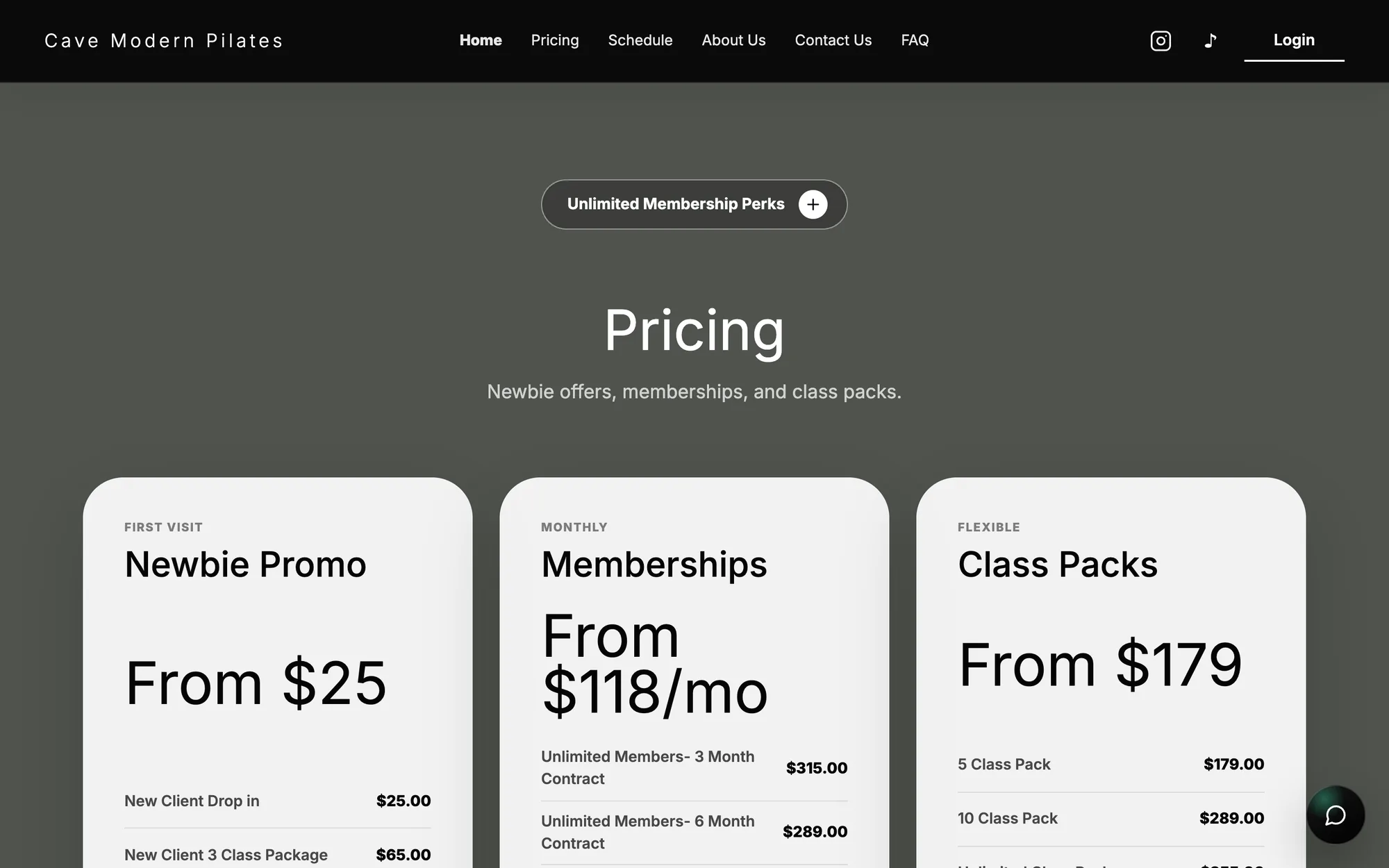 CAVE pricing page with the newbie promo, memberships, and class packs