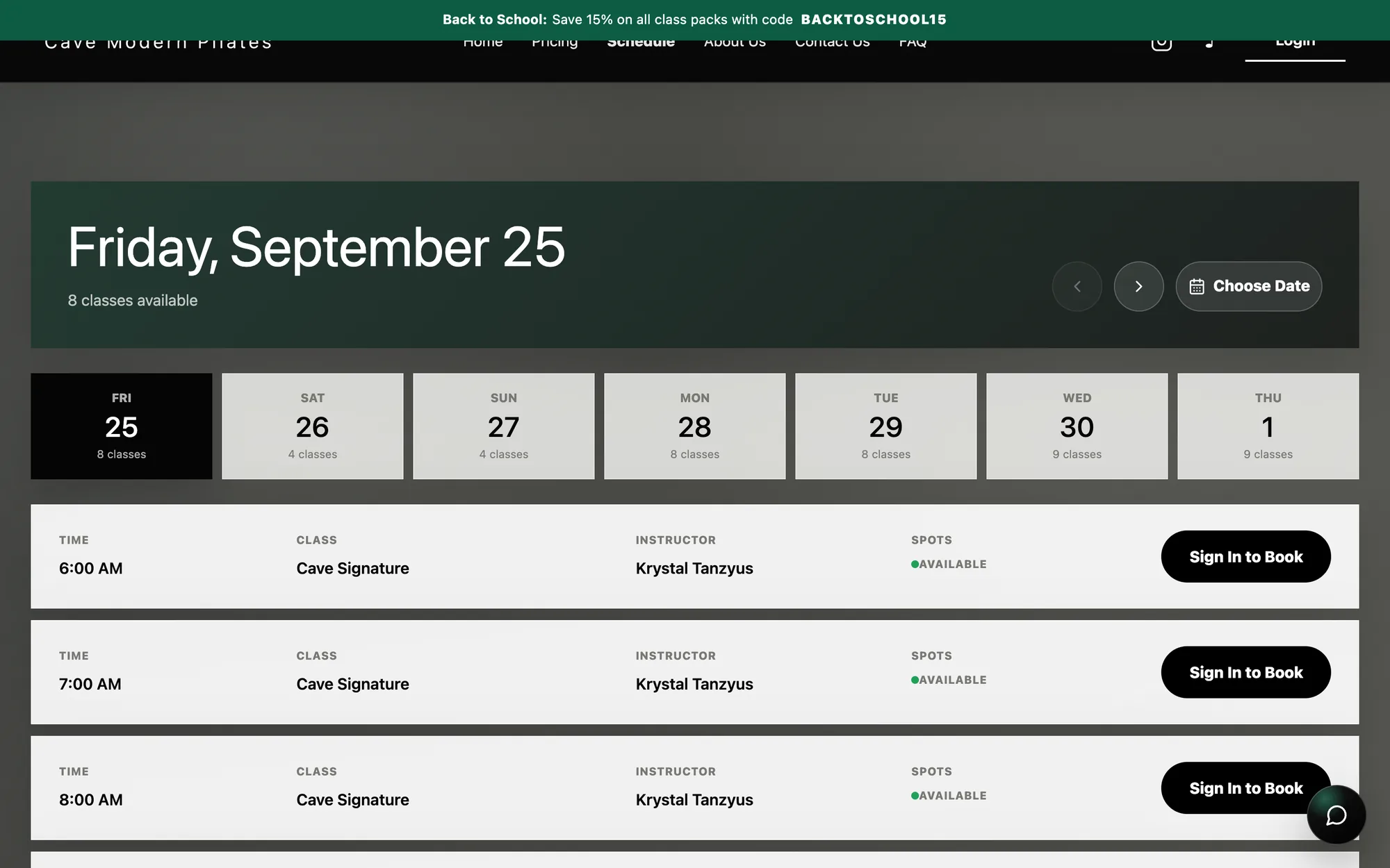 CAVE’s public class schedule with day selection, availability, and booking controls