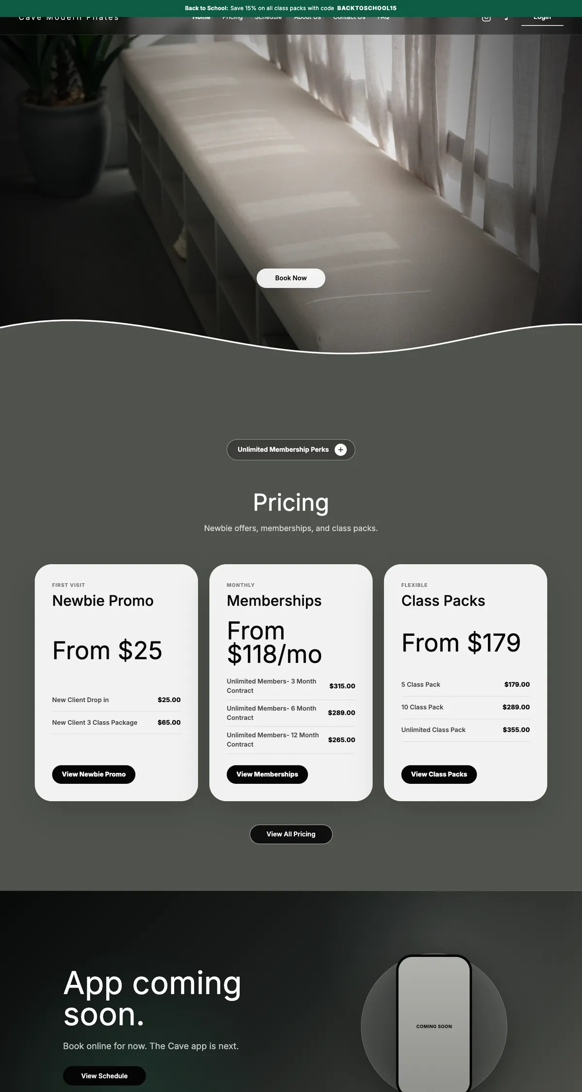 CAVE Modern Pilates homepage with the studio and a Book Now button