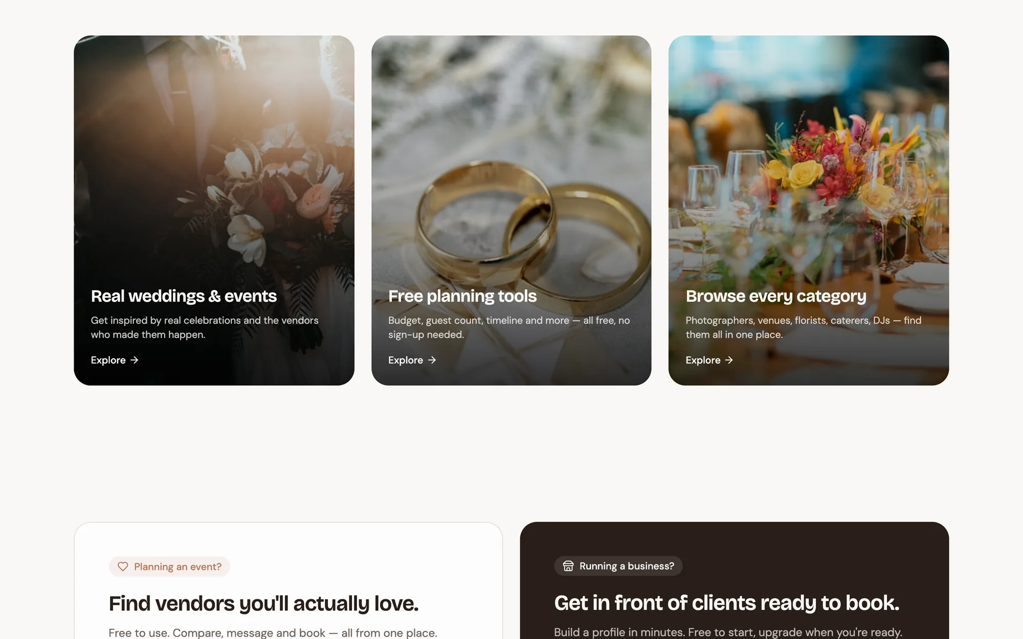 Vendora sections for real events, free planning tools, and browsing by category