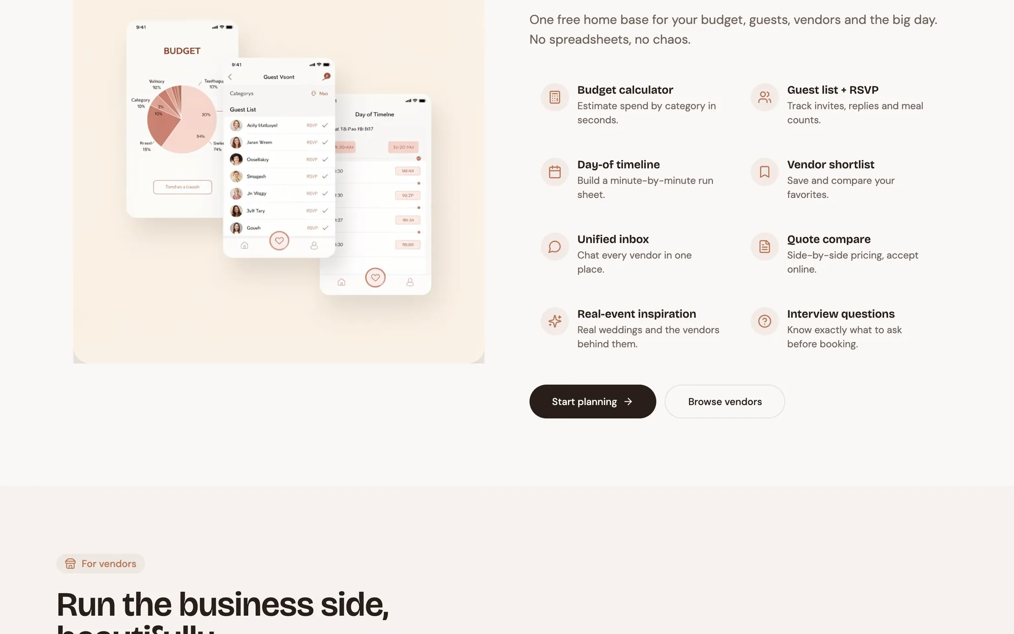 Vendora planning tools including a budget calculator, guest list, timeline, and vendor inbox