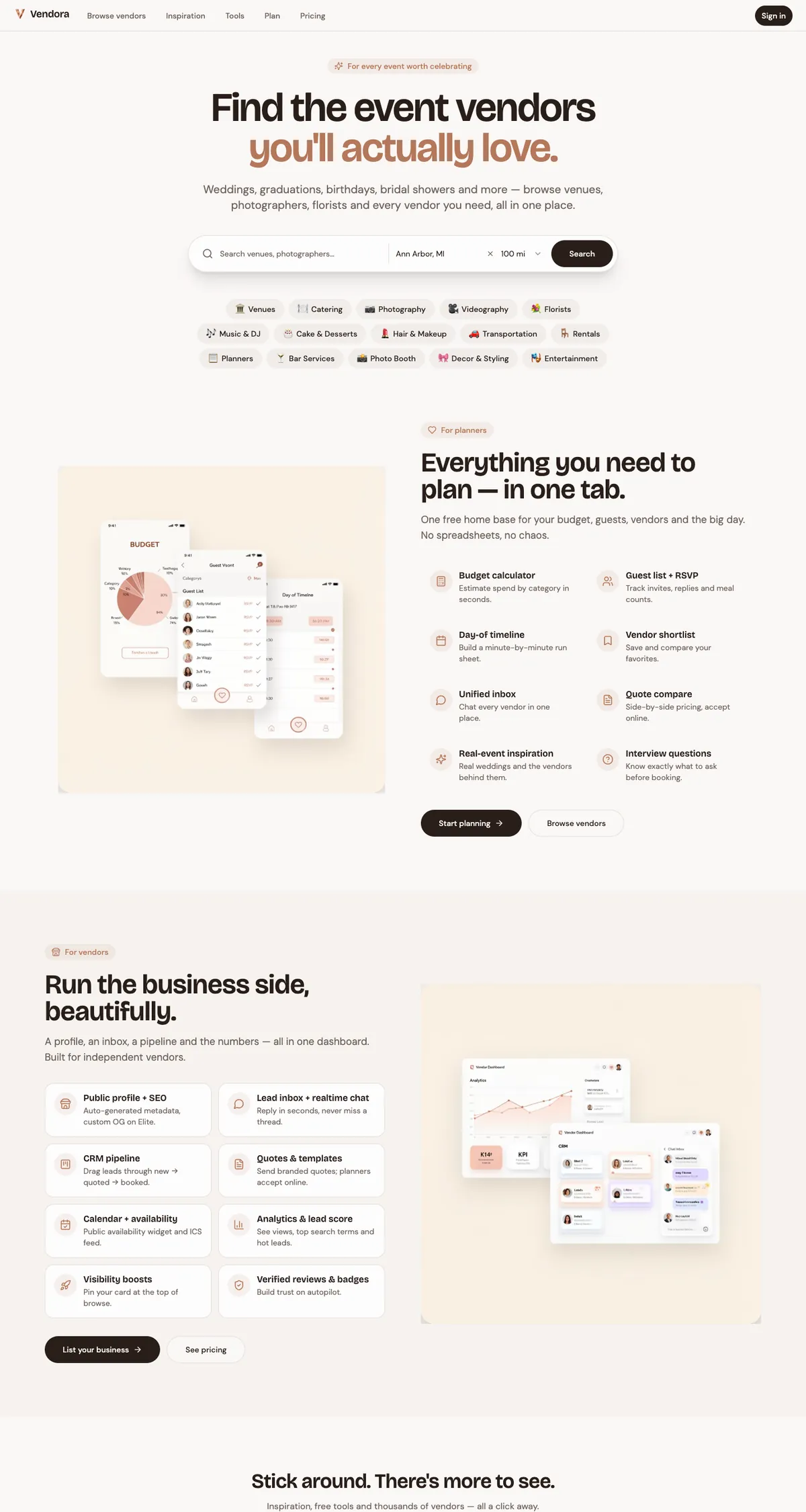 Vendora homepage with vendor search by location and category