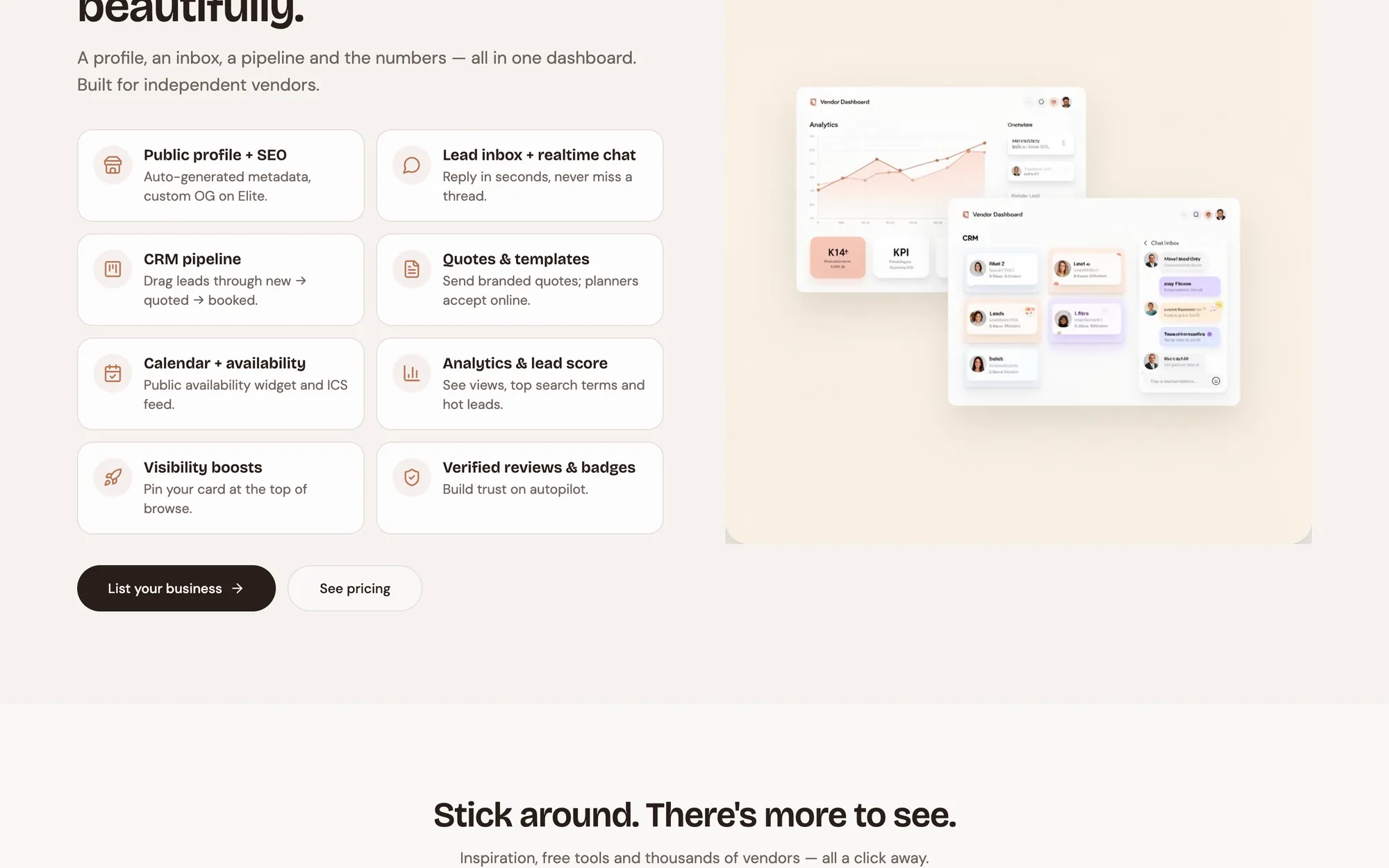 Vendora tools for vendors including profiles, lead inbox, quotes, calendar, and analytics