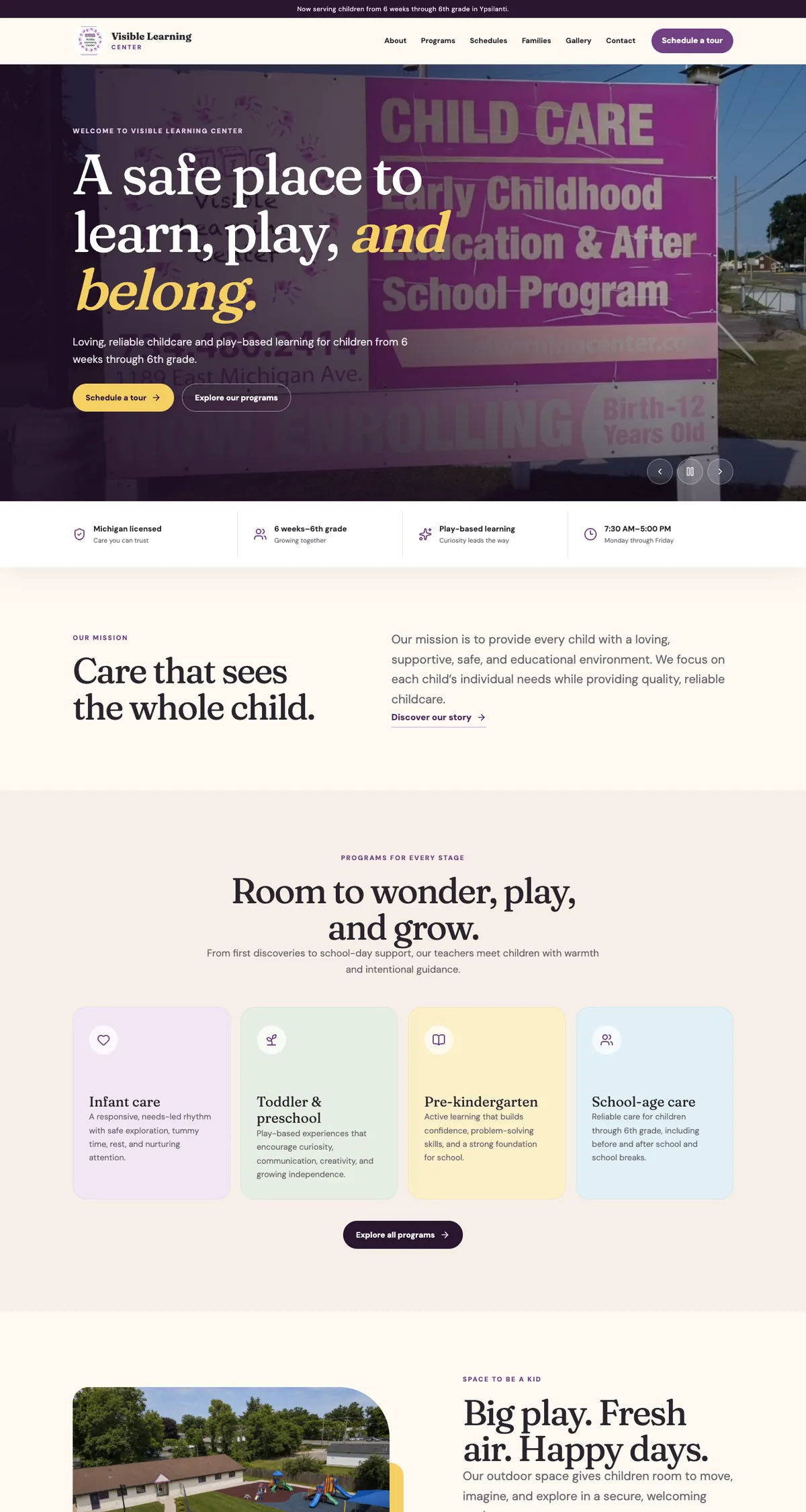 Visible Learning Center homepage reading A safe place to learn, play, and belong